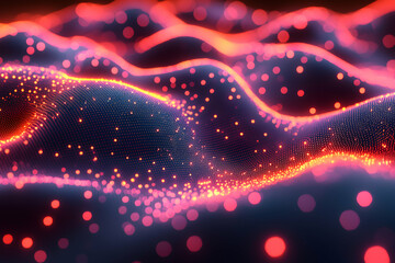 Abstract digital art with glowing waves and particles. Use for visualizations related to data science technology or futuristic themes. Great for backgrounds.