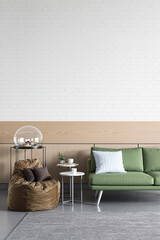 modern living room with olive-green sofa and brown beanbag chair