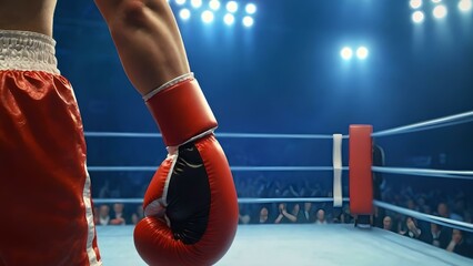 Powerful Boxer Standing in the Ring Under Lights Ready for Intense Fight in Sports Arena