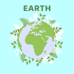 Green Planet Surrounded by Fresh Leaves in Honor of Earth Day. Vector illustration