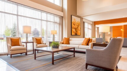 Fototapeta premium Modern hotel lobby with cozy seating, large windows, and warm decor featuring soft lighting