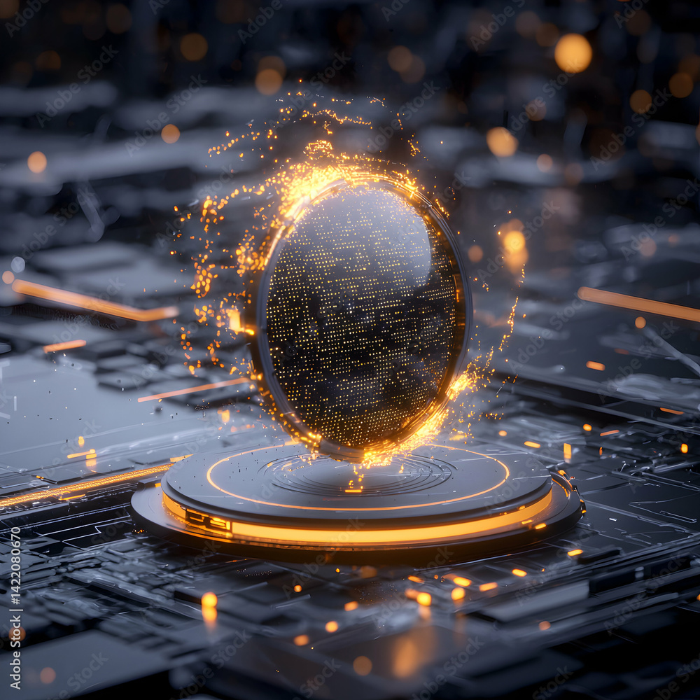 Poster a futuristic digital globe hovers emitting golden light atop a technological circuit board. great fo