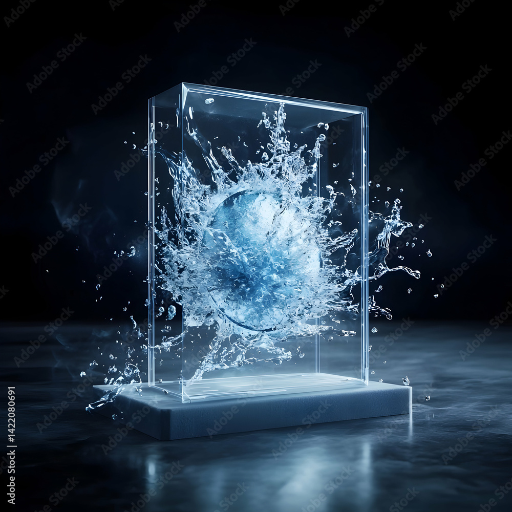 Poster a clear display case holds a burst of water. it's a striking visual showcasing the power of a splash