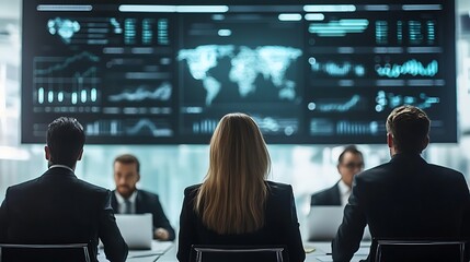 Obraz premium A group of business leaders in a high-tech boardroom with digital charts in the background
