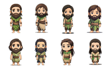 Chibi Ancient Tribal Man Icon with Leaf Outfit and Beard