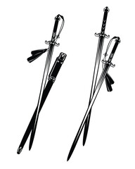 ancient chinese or korean traditional long swords with crossed blades and scabbard - asian martial arts black and white vector design set
