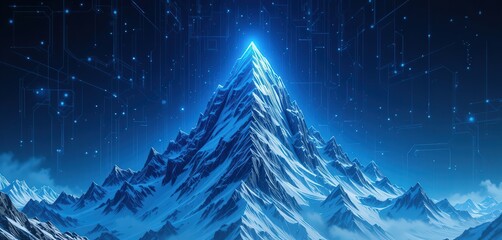 A majestic mountain range adorned with glistening snow caps under a starry night sky, where twinkling stars illuminate the serene landscape, creating a breathtaking winter scene.