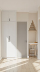 Fototapeta premium minimalist sunlit room with built-in wooden desk and chair