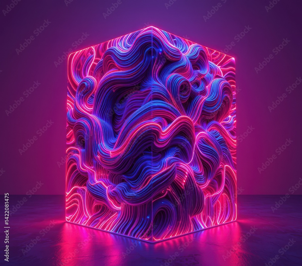 Poster a vibrant neon cube featuring a mesmerizing abstract pattern of swirling colors and geometric shapes