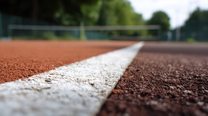 Close up of textured tennis court surface with white line, showcasing rich red clay and blurred background