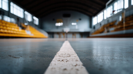 focused view of empty indoor basketball court, highlighting center line and surrounding seating, evokes sense of anticipation