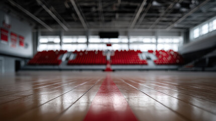 spacious indoor basketball court with focus center line, showcasing polished wooden floors and red seating background