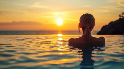 Fototapeta premium Serene sunset view with a person in an infinity pool.