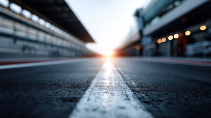 focused view of racing lane on track, showcasing bright light reflections and sense of speed