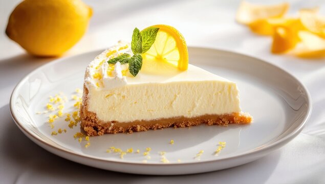 Slice of lemon cheesecake on a plate with lemon and mint garnish.