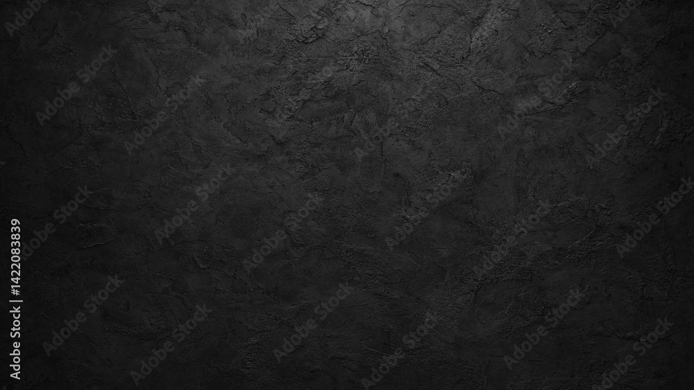 Poster dark black wall with rough texture. the wall is made of concrete and has gray color and is illuminat