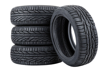 A stack of sturdy, reliable new car tires ready for the open road, showcasing deep tread and a robust design against a bright white background.
