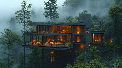 A modern glass house nestled in a misty forest, elevated above the ground, blending architecture with nature for a serene and luxurious retreat