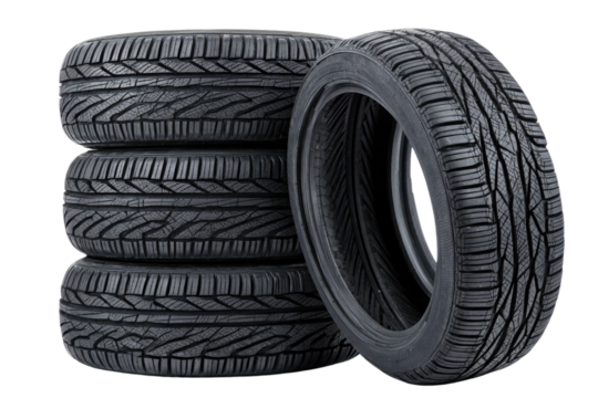 A stack of sturdy, reliable new car tires ready for the open road, showcasing deep tread and a robust design against a bright white background.