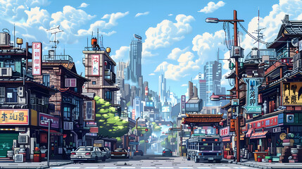 Fototapeta premium Vibrant Pixel Art Cityscape: Contrasting Old and New Architecture Under a Sunny Sky