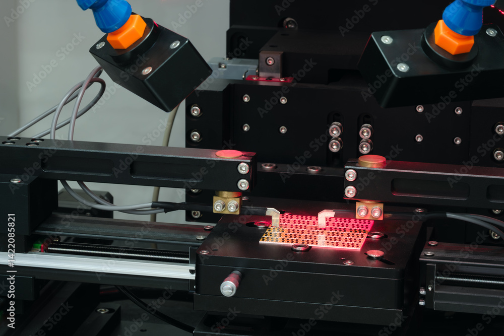 Poster microchip production and testing stand, electronic technology concept background.