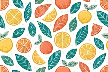 Fresh Citrus Pattern with Leaves on White Background
