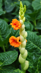 Obraz premium two vibrant orange flowers in full bloom against a background of rich green leaves