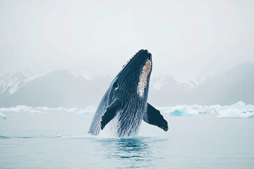 Fototapeta premium humpback whale breaching in cold ocean waters with icy landscape in background, marine wildlife action scene capturing splash and movement of large aquatic mammal in natural arctic environment