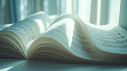 A beautiful closeup shot of an open sheet music book with notes and musical notations
