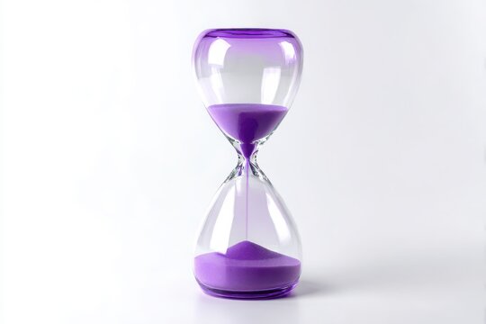 A modern purple hourglass sand timer isolated on white background highlighting sleek design and visual appeal