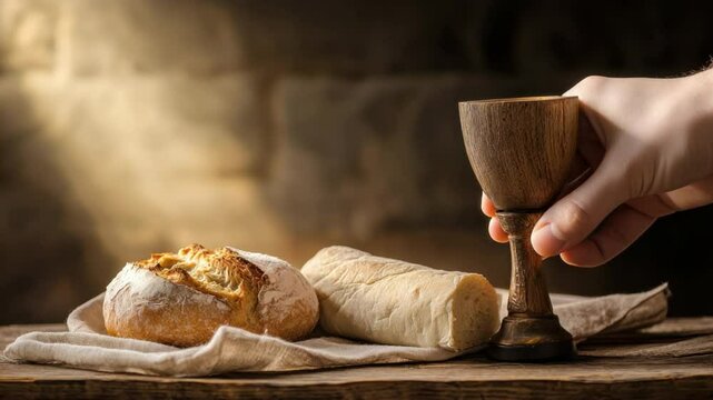 Rustic Bread with Soft Cheese and Wooden Goblet on Table in Warm Natural Light