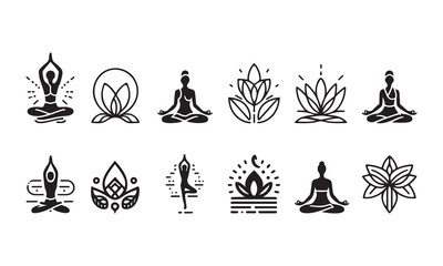 Yoga line art silhouette icon set vector art illustration, international yoga day 