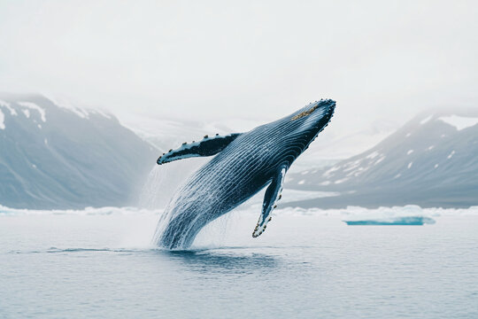 humpback whale breaching in cold ocean waters with icy landscape in background, marine wildlife action scene capturing splash and movement of large aquatic mammal in natural arctic environment
