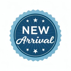 Blue and white "New Arrival" badge. Ideal for e-commerce, retail, and product announcements.  Attractive design for highlighting new products.