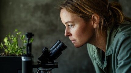 A female scientist meticulously examines a plant sample under a microscope, conducting detailed research.