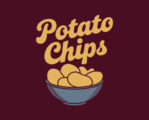 Illustration of Potato Chips in Bowl with Bold Text Design | Potato Chips Logo Design – Snack Food Bowl Illustration for Branding and Packaging