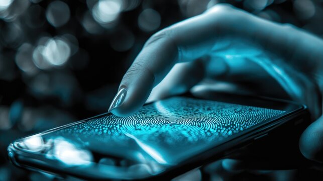 A finger scans a fingerprint sensor on a smartphone, showcasing biometric authentication technology.