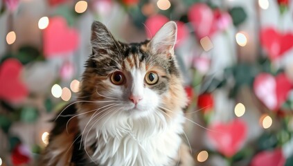 Valentine cat with romance and joy idea. Cute kitten surrounded by heart-shaped decorations.
