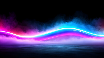 Abstract Neon Wave with Pink and Blue Lights in Dark Smoky Background