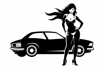 sexy girl and car silhouette black vector