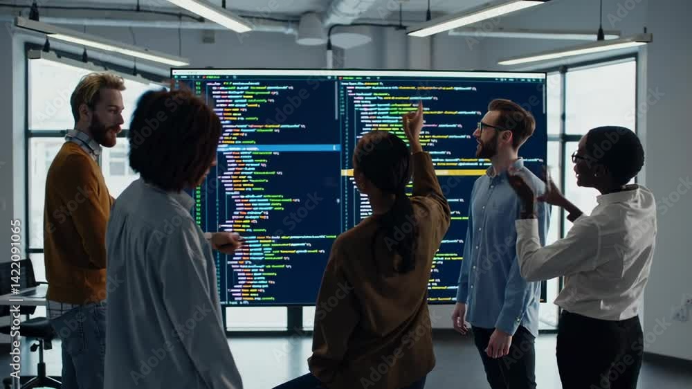 Aufkleber Programmers team discussing and analyzing code displayed on a large screen, collaborating to solve complex problems and optimize software performance in a contemporary office environment