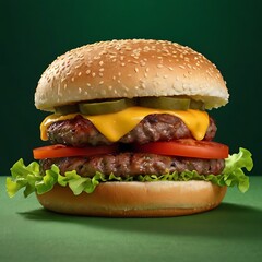gourmet cheeseburger with beef patty on green screen background