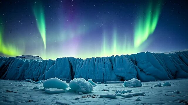 Northern Lights Over Arctic Glacier with Frozen Landscape at Night