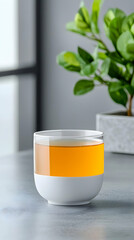 Amber Tea in a Modern Glass Cup on Grey Table