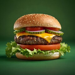 gourmet cheeseburger with beef patty on green screen background