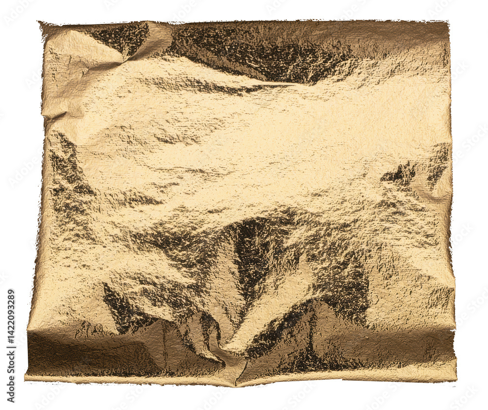 Poster crumpled square sheet of metallic gold foil with deep folds and textured reflections, offering a lux
