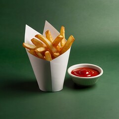 crispy French fries with ketchup on a green background