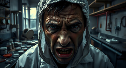 A furious scientist in a hazmat suit glares intensely in a dimly lit lab, face contorted in rage. The tension, chaos, and eerie setting suggest a dark experiment gone wrong or a dangerous discovery.
