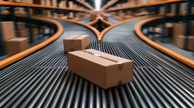 Busy Distribution Center with Conveyor Belts and Cardboard Boxes