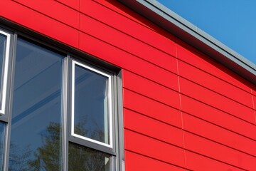 Modern red building exterior with windows and metal cladding reflecting blue sky